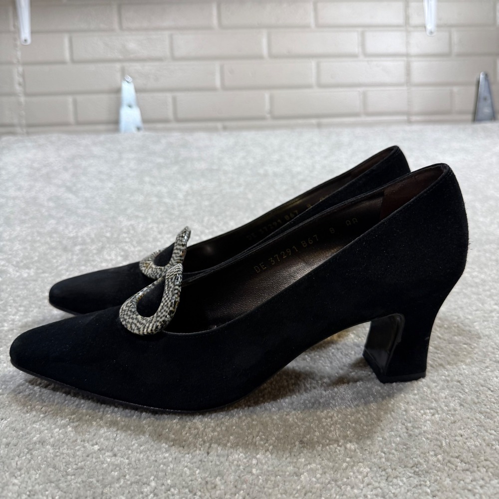 Vintage Salvatore Ferragamo Pilgrim Black Suede Block Heel Pump Buckle 8AA Italy - Picture 4 of 16